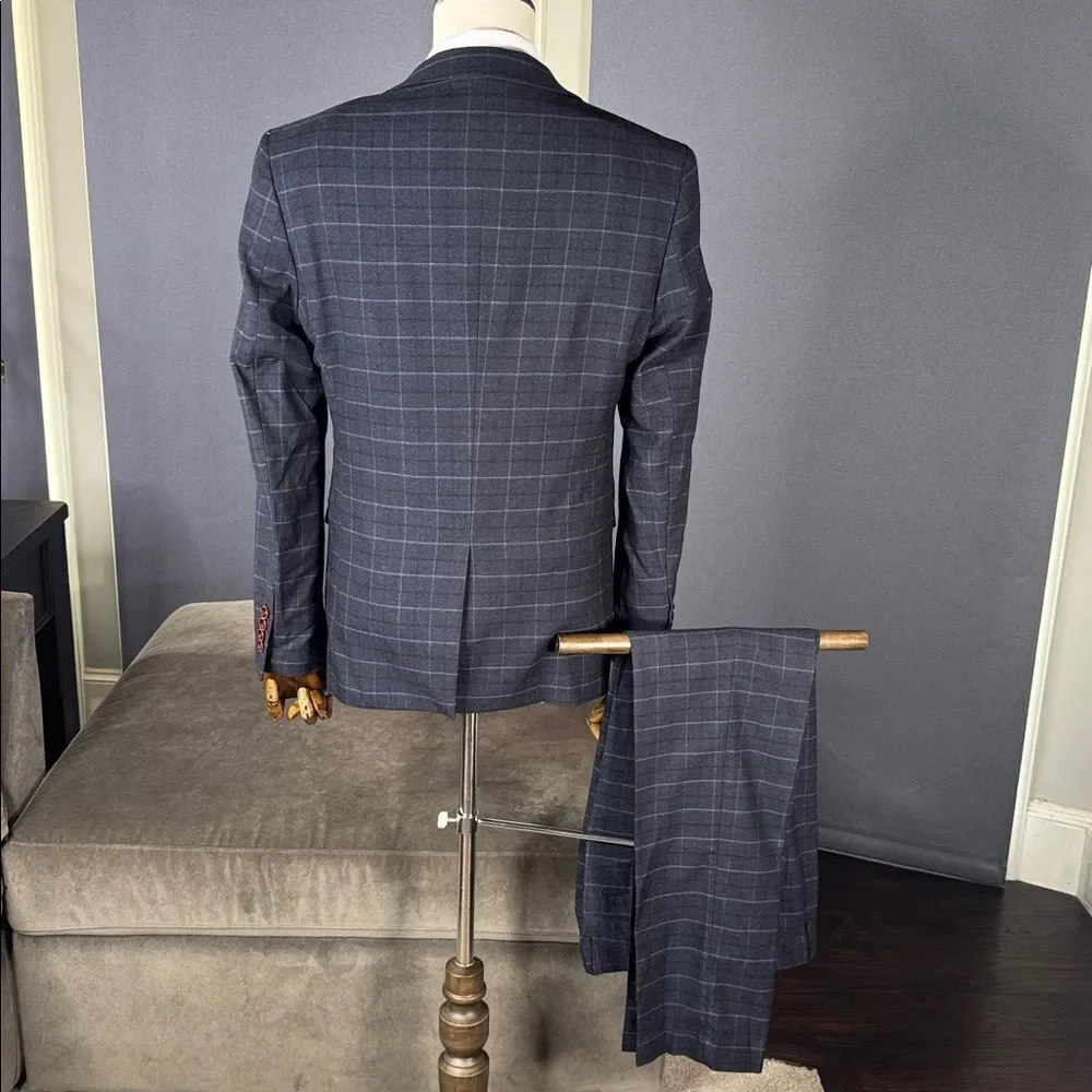 Men’s Dark Blue Plaid 3 Piece Formal Business Suit Jacket 34 Pants 32 NWT